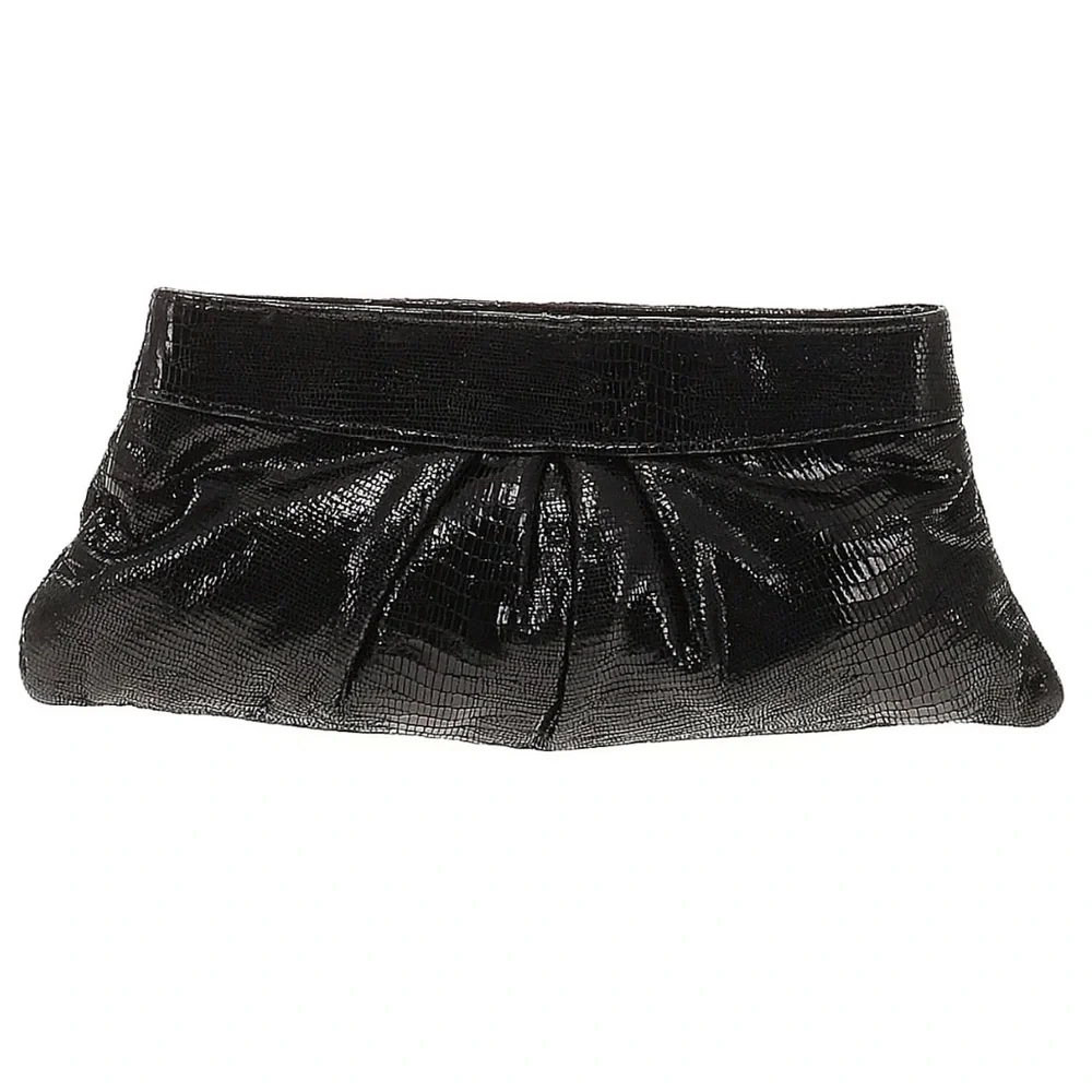 Lauren Merkin Black Shiny Faux Snakeskin Embossed Eve Leather Evening Clutch Bag